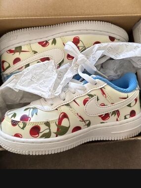 Kids Cherry Print White AF1 Sneakers with Blue Lining